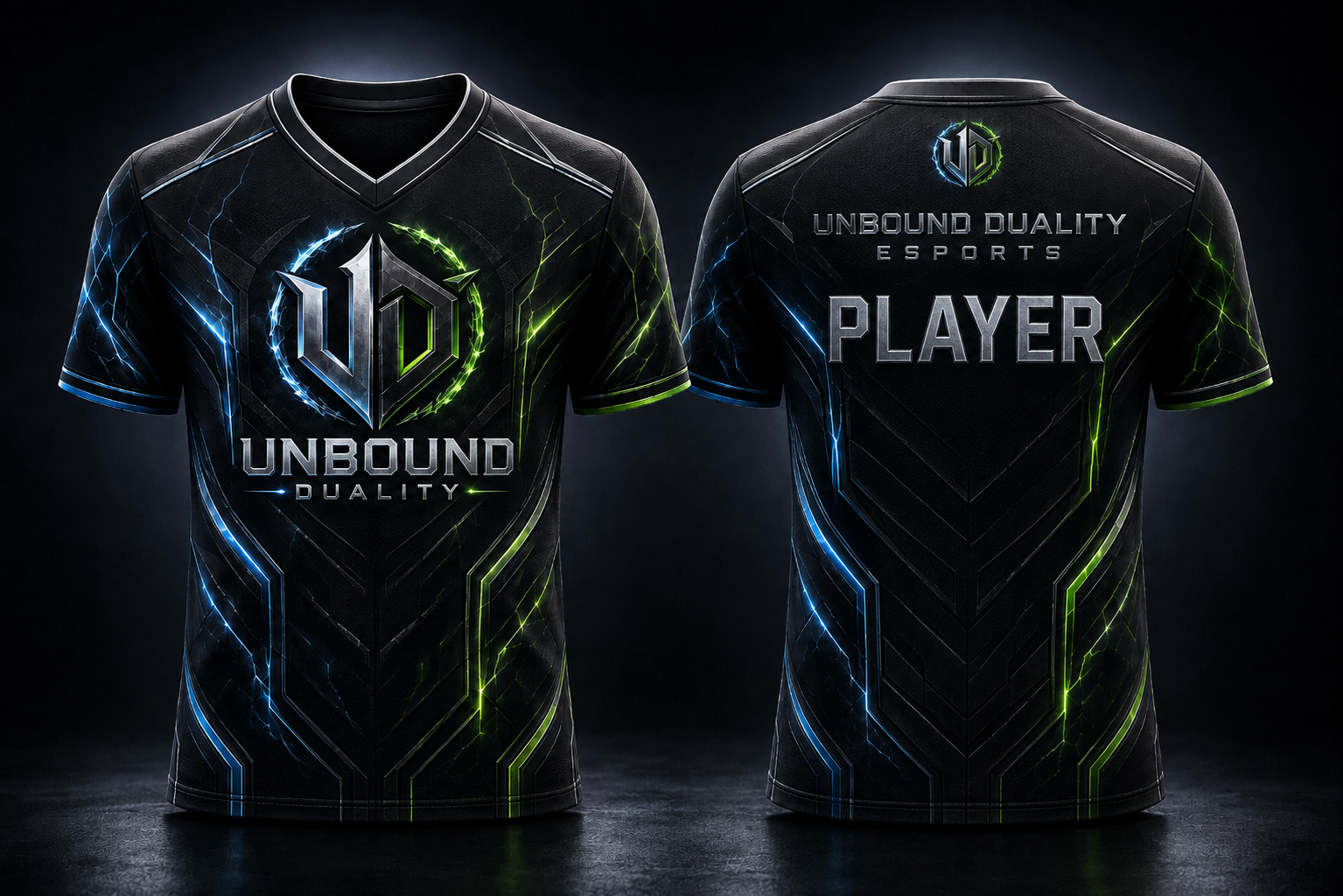 Front and back of the official black Unbound Duality Esports pro jersey