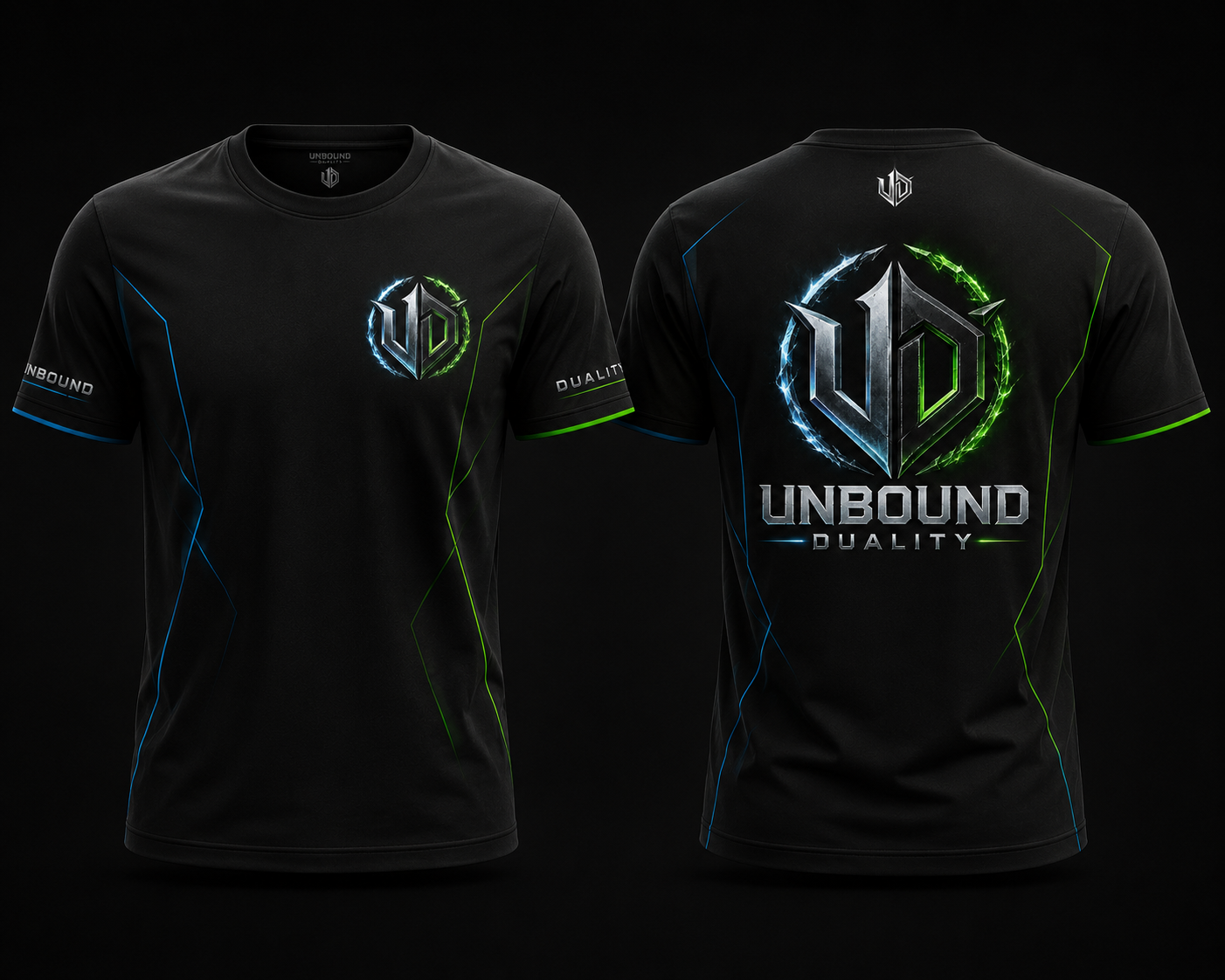 Front and back of the official black Unbound Duality Esports team tee